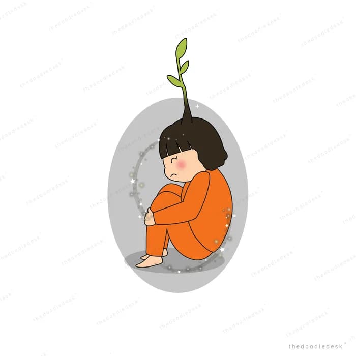 Girl curled inside a grey stone with a sprout on top