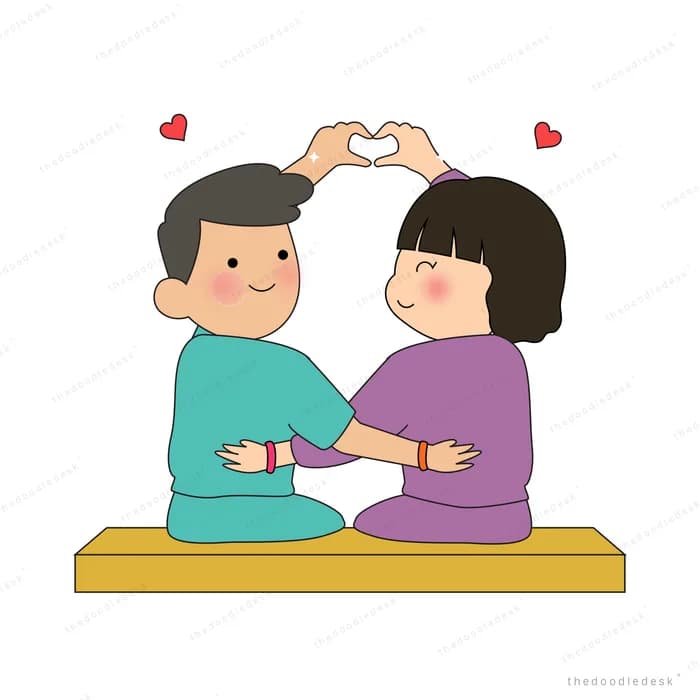Couple on a bench forming a heart with their hands