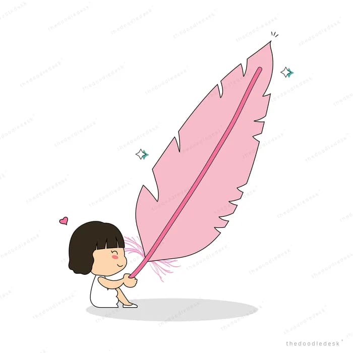Girl blowing on a giant pink feather