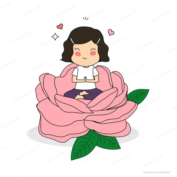 Girl seated inside a large pink rose