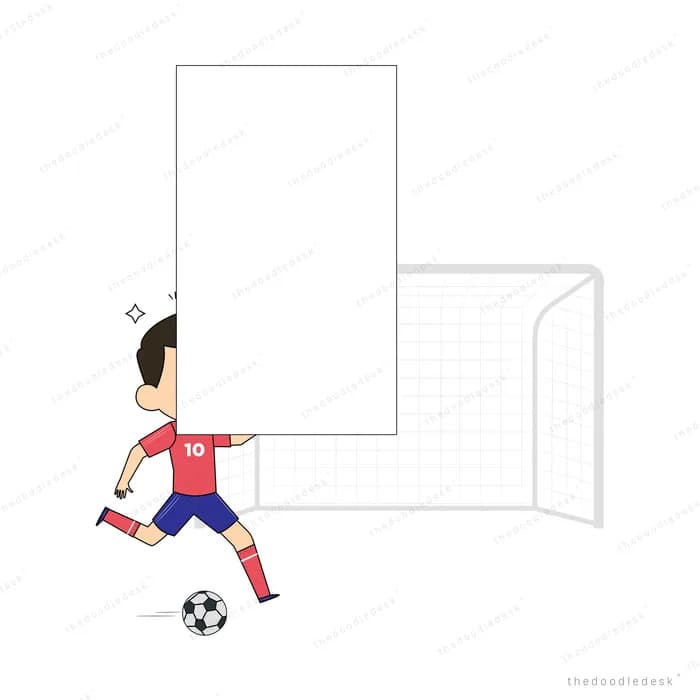 Boy playing football beside a goal and blank board