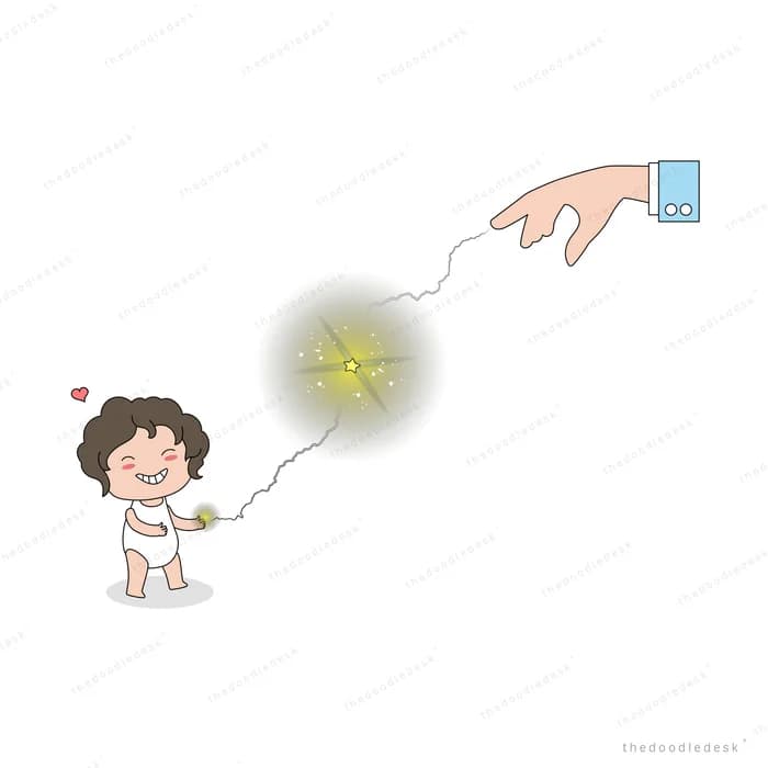 Girl tethered to a dark orb held by a giant hand