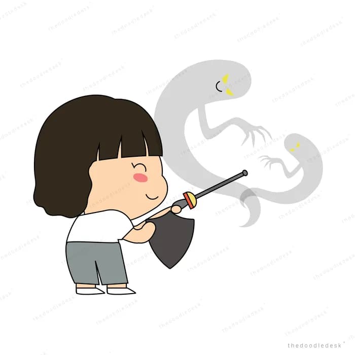 Girl blowing away a swirl of grey smoke