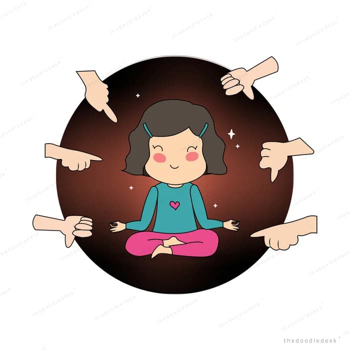 Woman meditating while many hands point at her