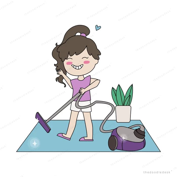 Woman vacuuming a rug beside a plant