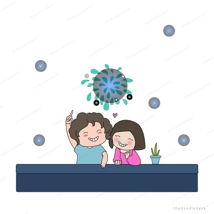 Family behind a barrier as a virus particle floats above