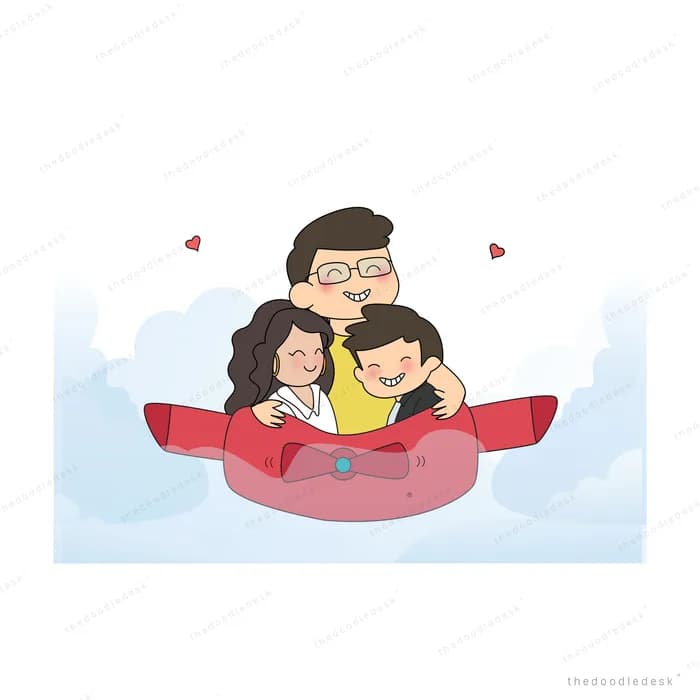 Family riding together in a red car through clouds