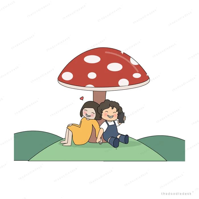 Two children sheltering under a giant toadstool