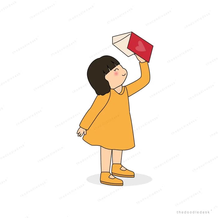 Girl in orange holding up a small red book
