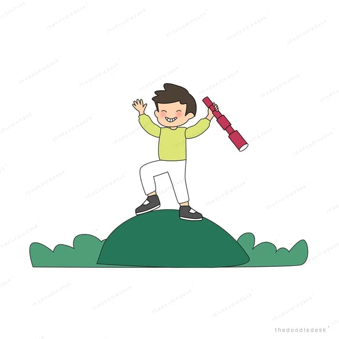 Boy on a green hill holding up a rocket