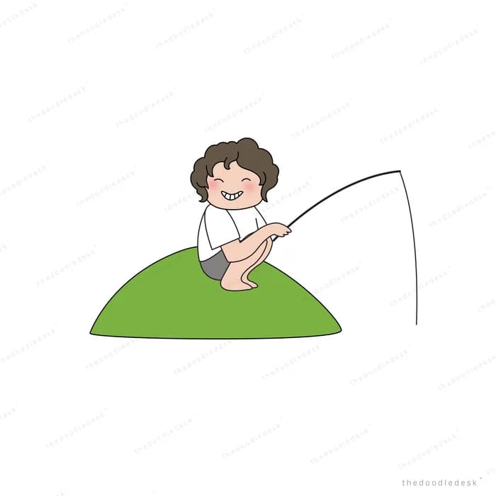 Boy fishing from a green hill