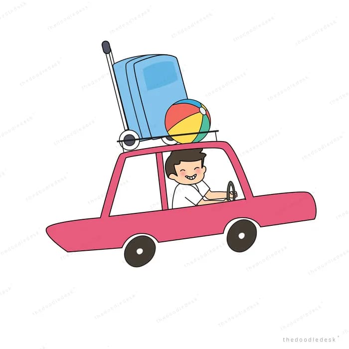 Girl driving a pink car loaded with luggage