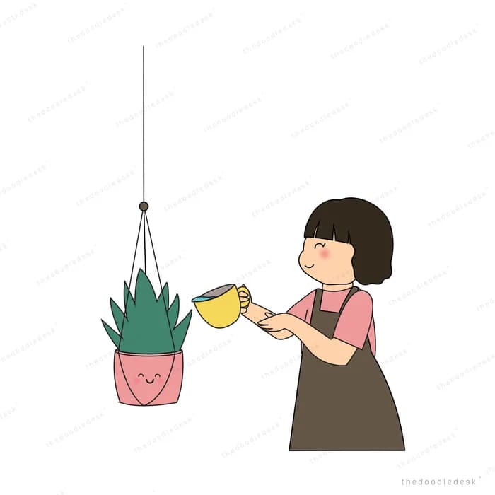 Woman watering a hanging potted plant