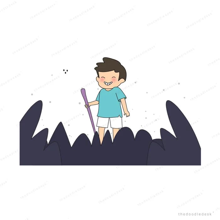 Boy standing on a dark jagged mountain range