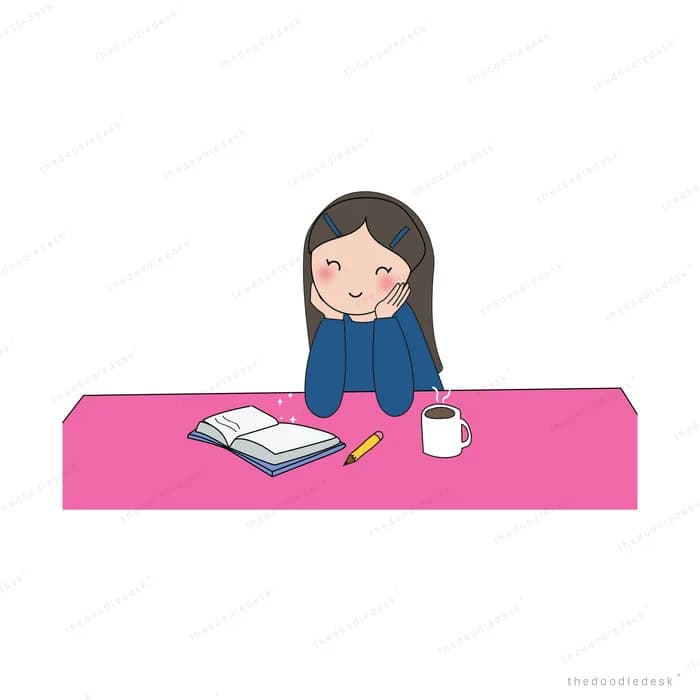 Woman writing in a notebook at a pink table