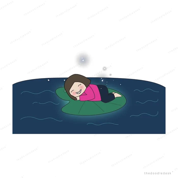 Girl floating in dark water beside a heavy weight