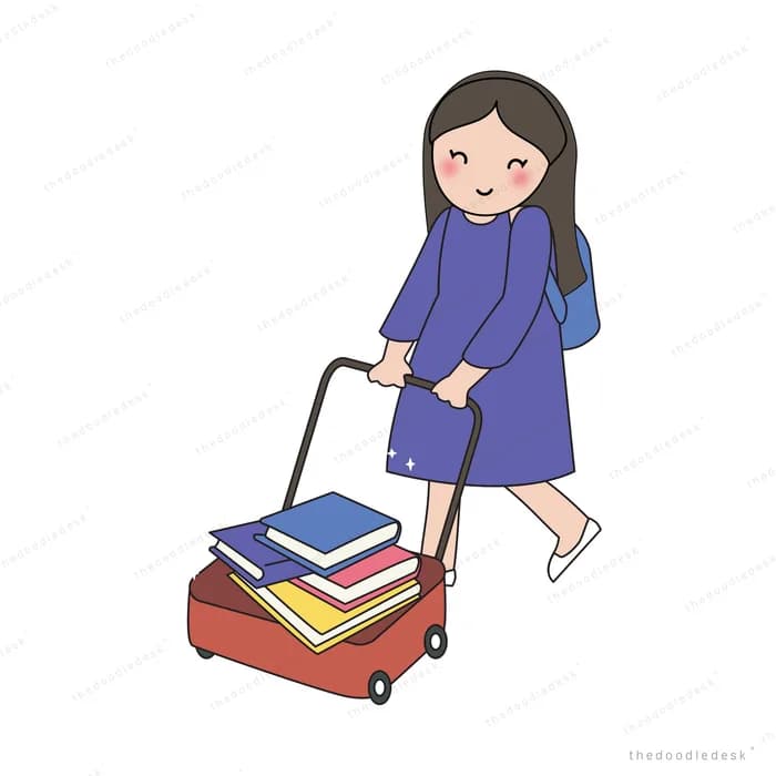Woman pulling a suitcase stacked with books