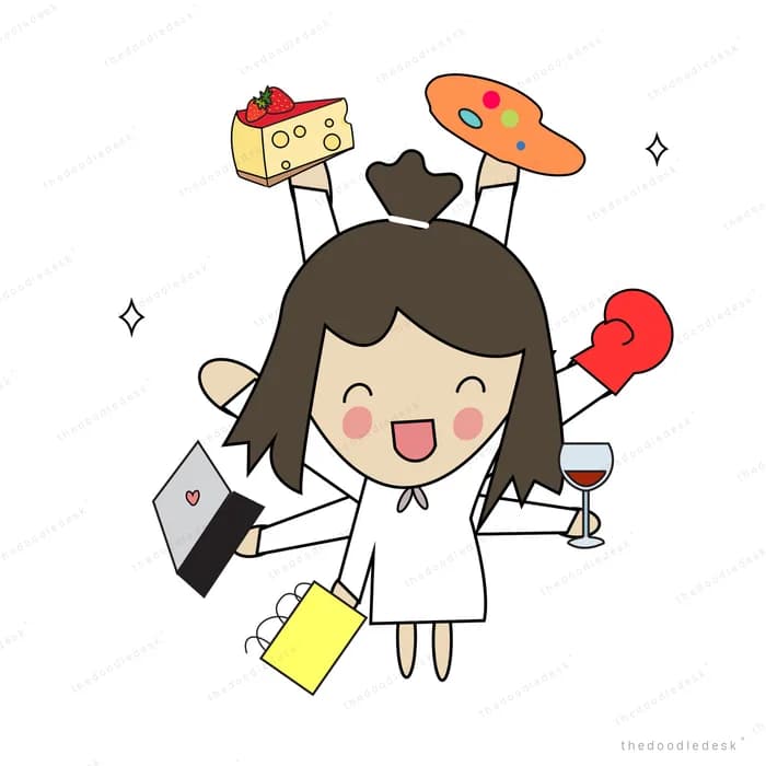 Girl surrounded by floating snacks and shopping bags