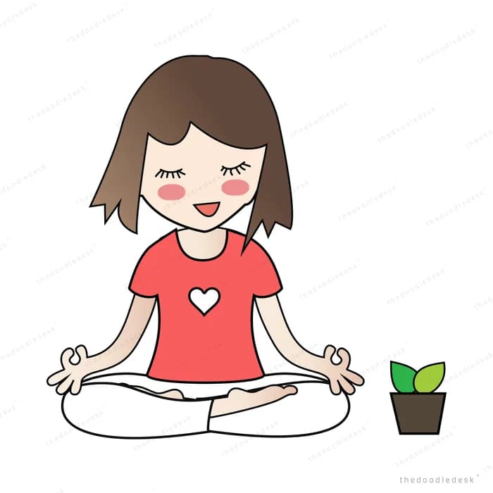 Girl meditating cross-legged beside a small plant