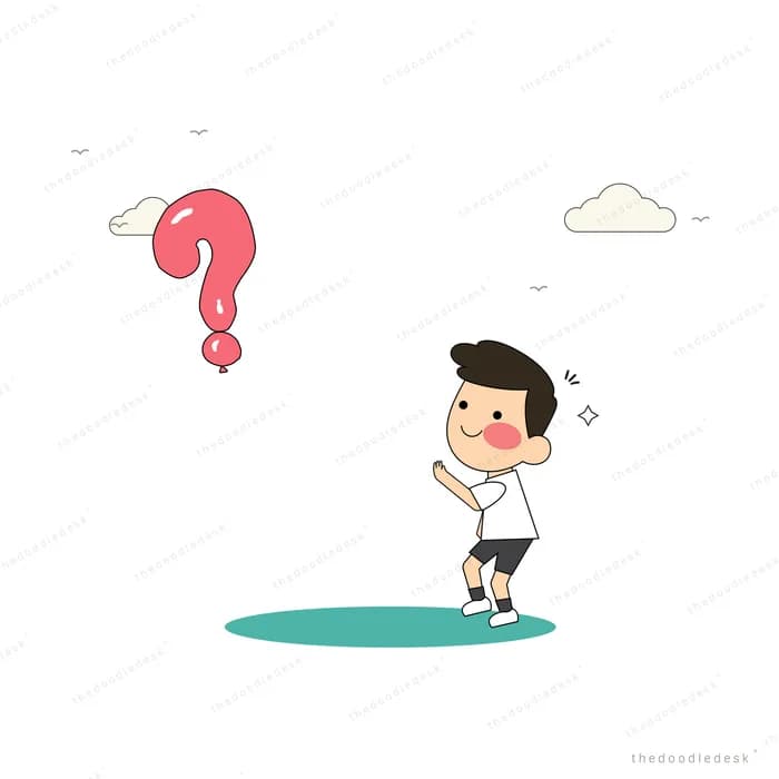 Boy standing beneath a large pink question mark