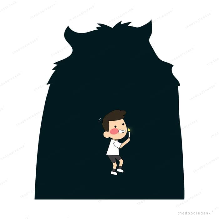 Small boy standing inside a huge dark silhouette