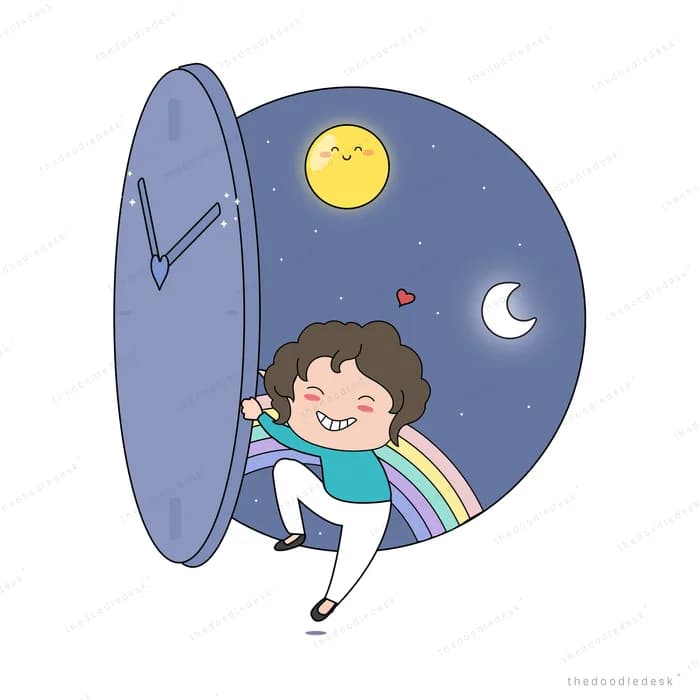 Child stepping through an oval portal to a rainbow