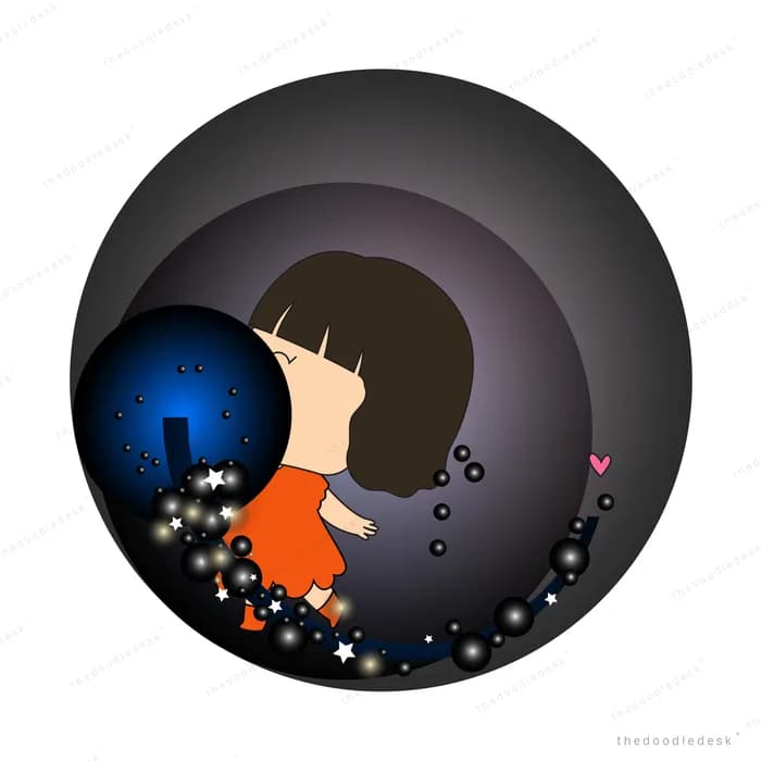Girl inside a dark sphere with a stream of sparks