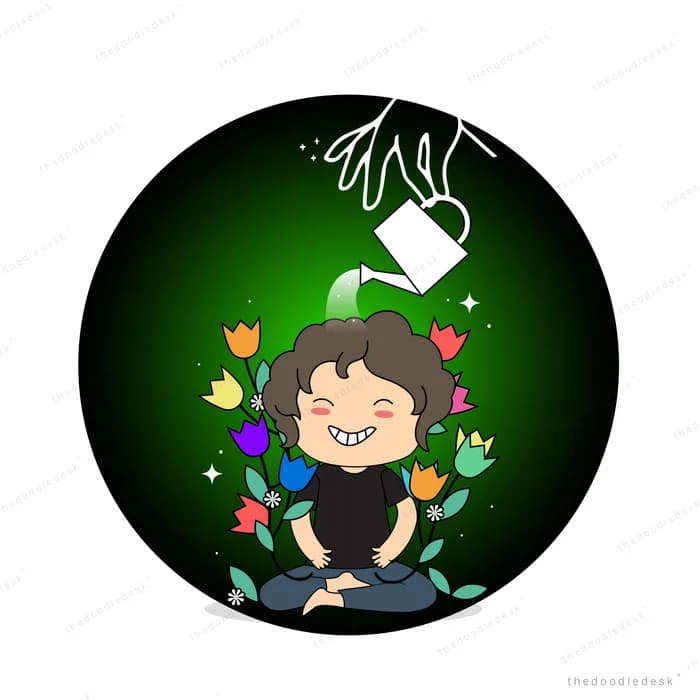 Girl in a dark green orb surrounded by colourful dots