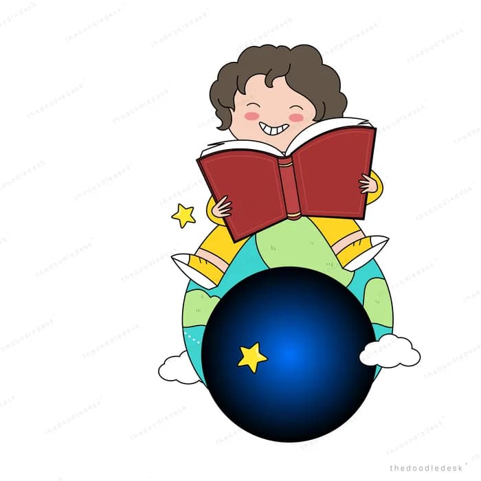 Girl reading atop a stack of books on a starry ball