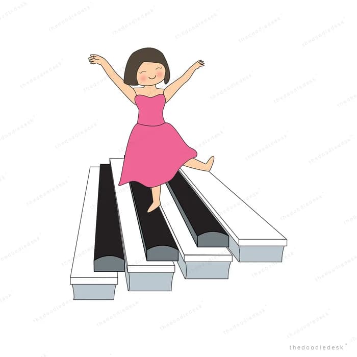 Woman in a pink dress walking up giant piano keys