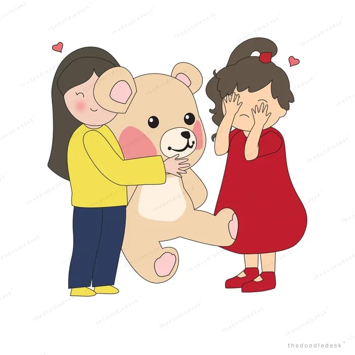 Two women passing a large teddy bear between them