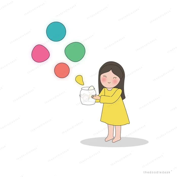 Girl in yellow releasing colourful bubbles
