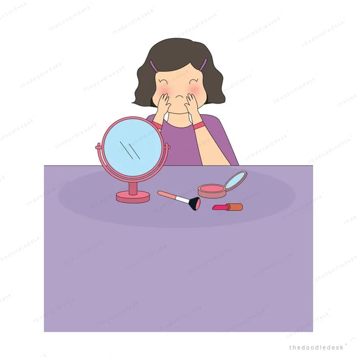 Woman applying makeup at a purple dressing table