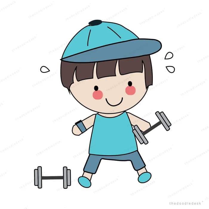 Boy in a cap lifting a small dumbbell