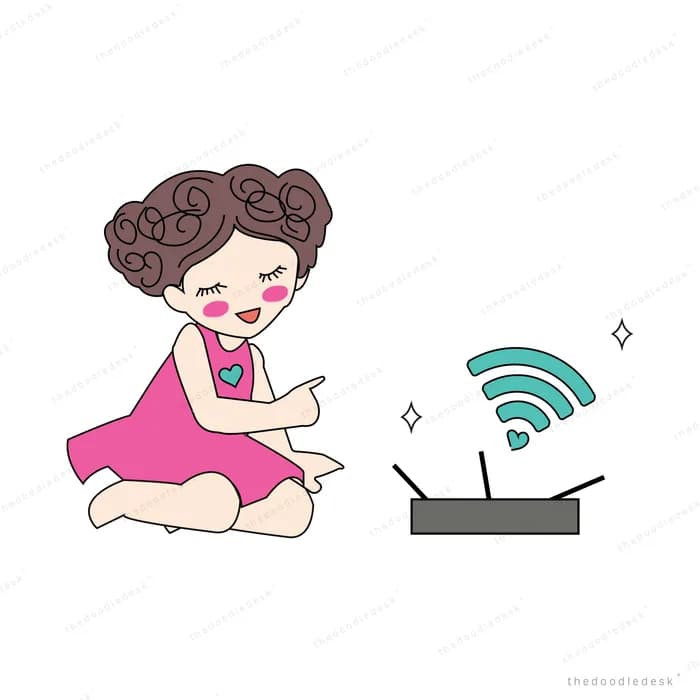 Girl sitting beside a wifi router with signal waves