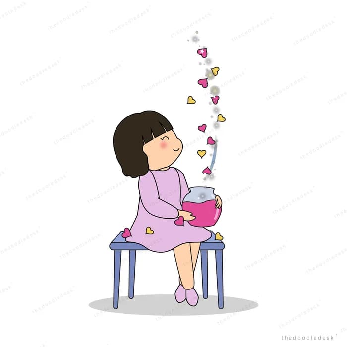 Girl on a stool beside a tall vine of dark orbs