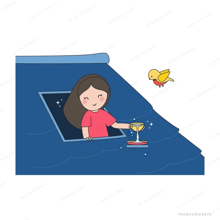 Woman lying in bed with a drink and a bird nearby