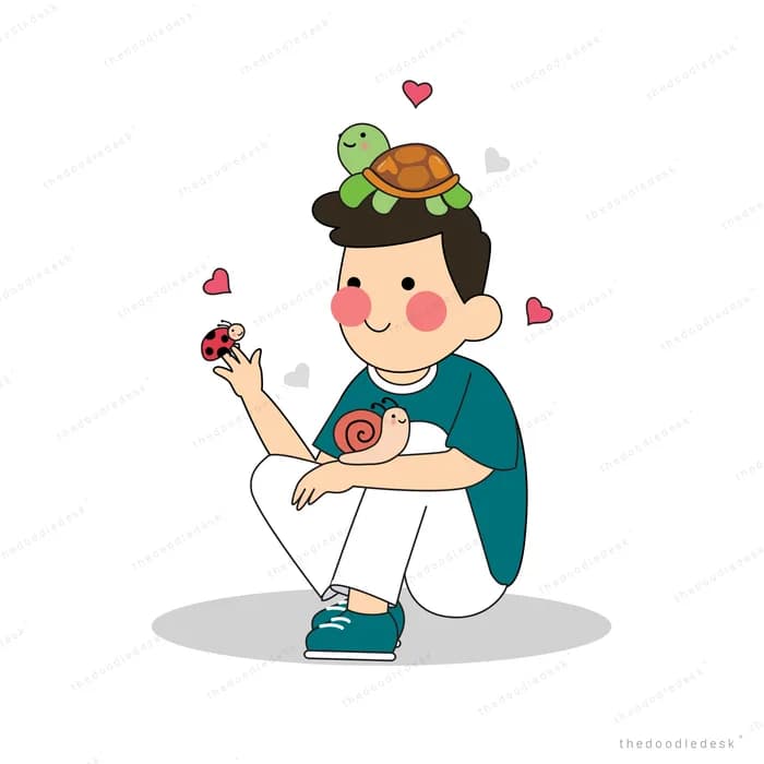 Man crouching with a frog on his head and hearts