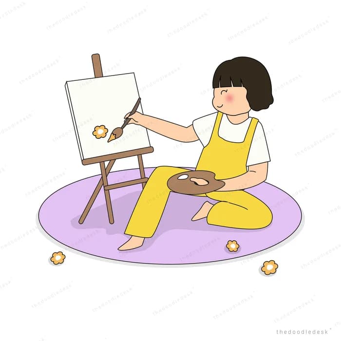 Woman painting at an easel on a round rug