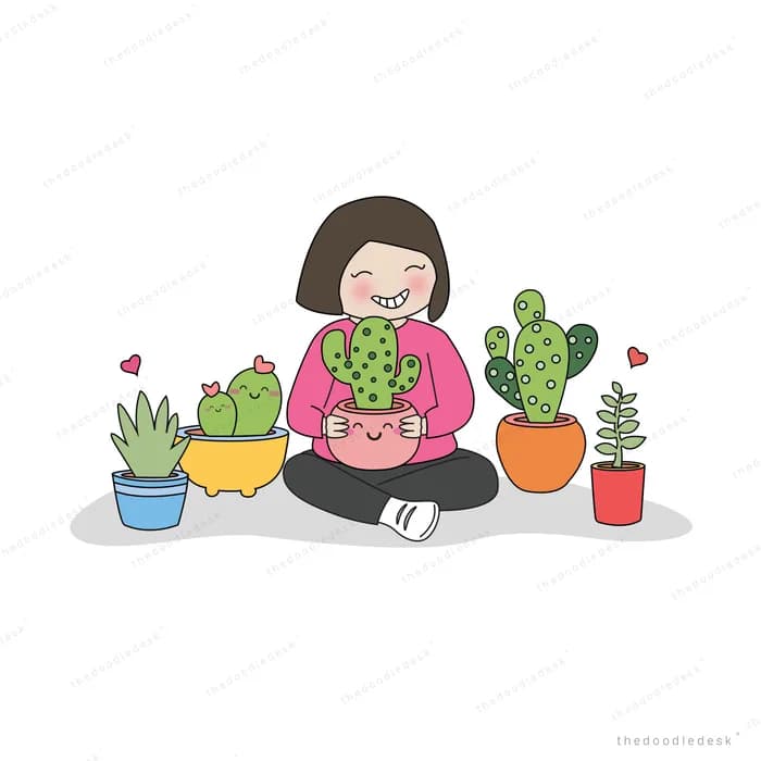 Girl sitting among potted cacti and succulents