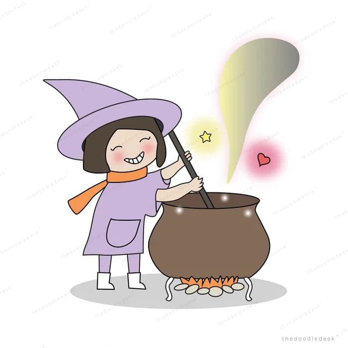 Witch girl stirring a steaming cauldron
