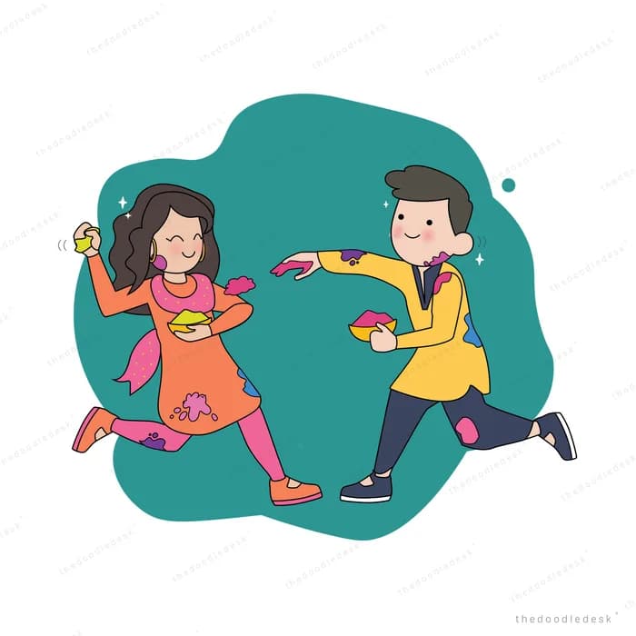 Couple throwing colours at each other on a teal ground