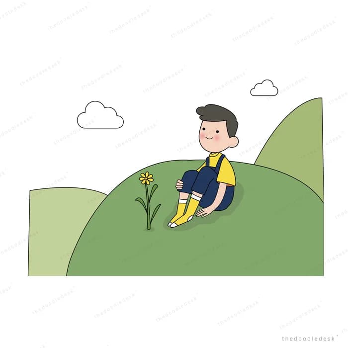 Boy sitting on a green hill under clouds