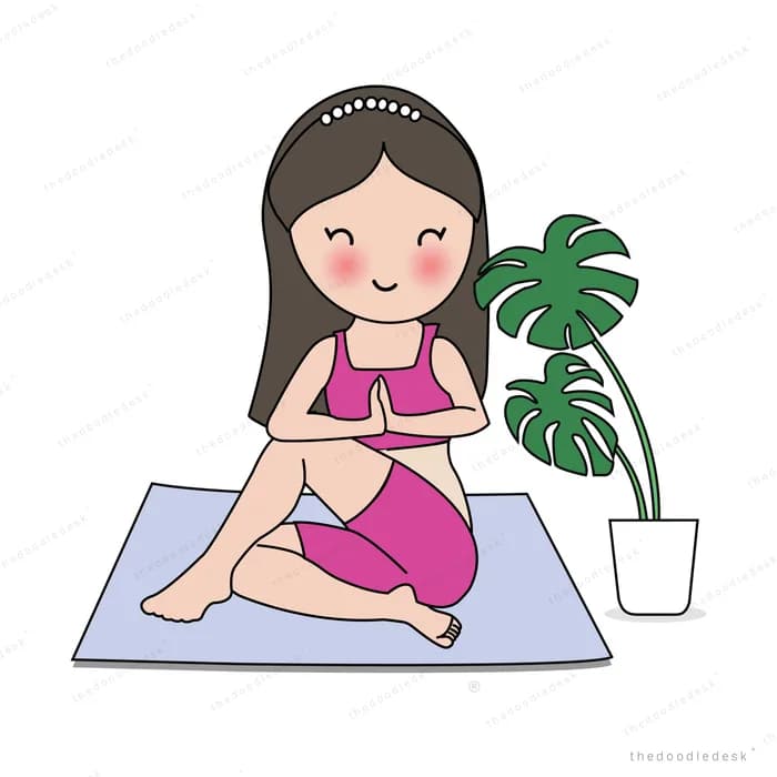 Woman stretching on a yoga mat beside a plant