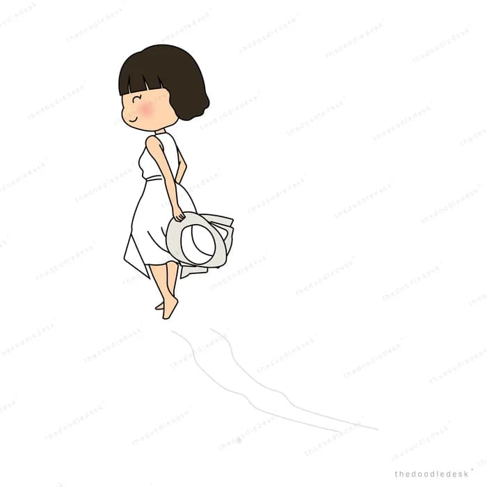 Girl in a white dress walking with a small bag