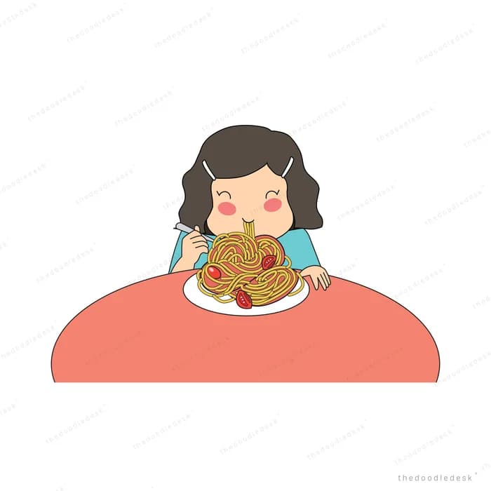 Woman eating a plate of noodles at a red table