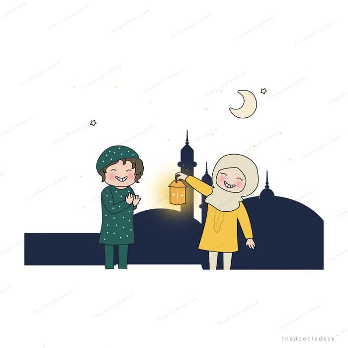 Two children with a lantern under a night sky