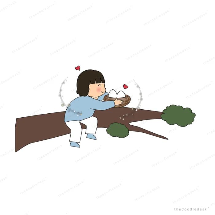 Girl sitting on a branch among dark orbs