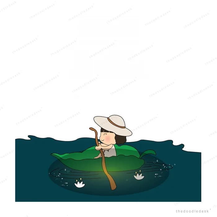 Person in a straw hat fishing at a dark pond