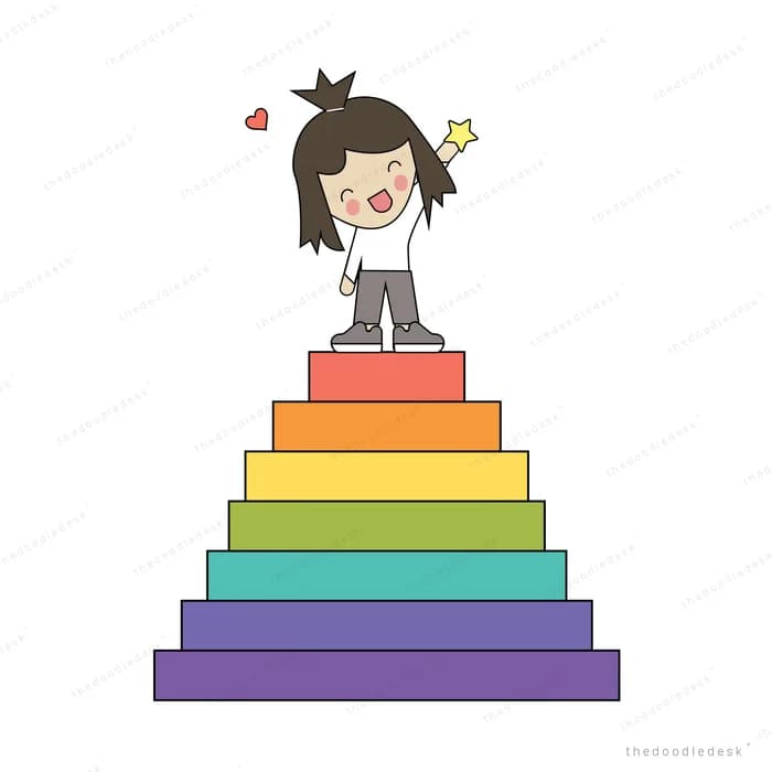 Girl standing on top of a rainbow step pyramid